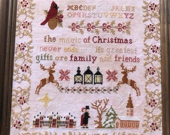 Cross Stitch Pattern, Holy Night At Haxby Abbey, Christmas Sampler, Christmas Decor, Cardinals, Reindeer, Twin Peak Primitives, PATTERN ONLY