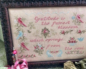 Counted Cross Stitch Pattern, With Gratitude, Flowers, Bird Motifs, Quote Sampler, Inspirational, J B W Designs, PATTERN ONLY