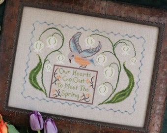 Counted Cross Stitch Pattern, Our Hearts Go Out, Spring Decor, Bluebird, Lilies of the Valley, The Blue Flower, PATTERN ONLY