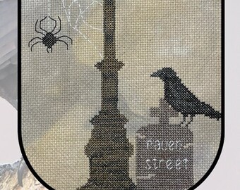 Counted Cross Stitch Pattern, Raven Street, Night Time Decor, Street Lamps, Raven, Spider, Web, Barefoot Needleart, PATTERN ONLY