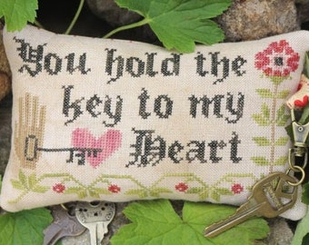 Counted Cross Stitch Pattern, Key To My Heart, Pillow Ornament, Valentine's Day Decor, Key, Heart,  Heartstring Samplery, PATTERN ONLY