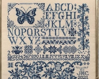Counted Cross Stitch Pattern, Blue Rhapsody, Sampler, Monochromatic Sampler, Alphabet Sampler, Rosewood Manor, PATTERN ONLY