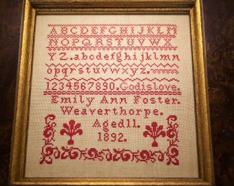 Counted Cross Stitch Pattern, Emily Ann Foster 1892, Reproduction Sampler, Antique Reproduction, Hands Across the Sea, PATTERN ONLY