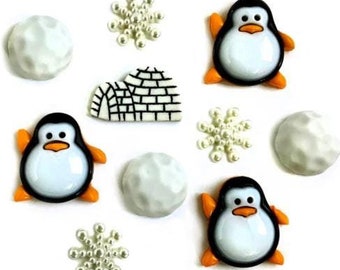 Penguin Pals, Christmas Collection, Winter Decor, Snowballs, Snowflakes, Shank Buttons, Button Embellishments, Buttons Galore & More, #4819
