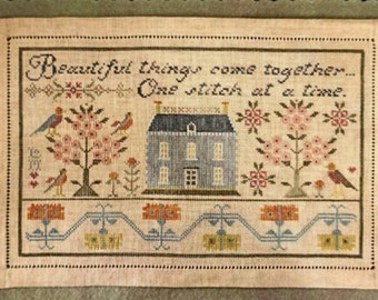 Cross Stitch Pattern, One Stitch at a Time, Cross Stitch Sampler, Saltbox House, Trees, Bird Motifs, Flower Motifs, La-D-Da, PATTERN ONLY