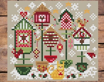 Counted Cross Stitch, Ding Dong, Winter Decor, Snow, Cat, Bird Houses, Pillow Ornament, Bowl Filler, Shannon Christine Designs, PATTERN ONLY