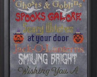 Counted Cross Stitch, Halloween Wishes, Halloween Decor Ghost, Spiders, Bats, Motifs, Cheryl Granda, Glendon Place, PATTERN ONLY