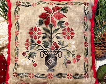 Counted Cross Stitch Pattern, Budding Bouquet Winter, Winter Decor, Poinsettia, Holly Leaves Border, Jeannette Douglas Designs, PATTERN ONLY