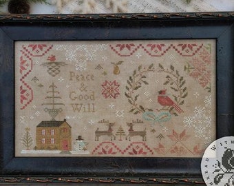 Cross Stitch Pattern, Peace & Good Will, Christmas Decor, Cardinal, Reindeer, Quaker Motifs, Brenda Gervais, PATTERN ONLY
