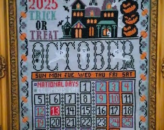 Counted Cross Stitch Pattern, October Calendar, Halloween Sampler, Ghosts, Haunted House, Pumpkins, Twin Peak Primitives, PATTERN ONLY