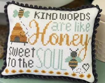 Counted Cross Stitch Pattern, Kind Words, Spring Summer Decor, Beehive, Garden Decor, Bees, Honey, Primrose Cottage Stitches, PATTERN ONLY