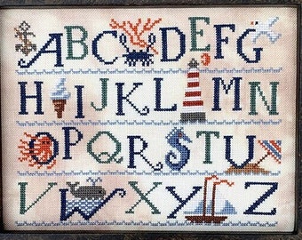 Counted Cross Stitch Pattern, Sampler of the Sea, Alphabet Sampler, Beach Motifs, Crab, Carriage House Samplings, PATTERN ONLY