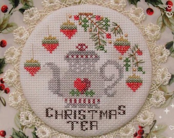 Counted Cross Stitch Pattern, Christmas Tea, Pillow Ornament, Bowl Filler, Holly, Carolyn Robbins, KiraLyn's Needlearts, PATTERN ONLY