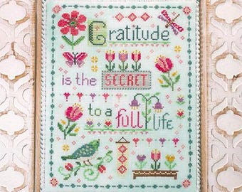 PRE-Order, Counted Cross Stitch Pattern, Grateful Hearts, Gratitude Sampler, Flower Motifs, Birds, Border, Cherry Blossoms, PATTERN ONLY