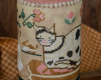 Counted Cross Stitch Pattern, Favoured Feline, Drum Pincushion, Spring Decor, Flower Motifs, Cat, Erica Michaels, PATTERN ONLY