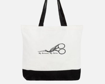 My Rules Tote Bag, Project Bag, Shopping Tote, My Scissors My Rules, Cotton Canvas Tote Bag, Carry Bag, Heartstring Samplery