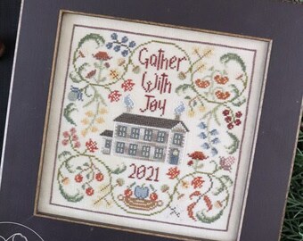 Cross Stitch Pattern, Gather With Joy, Autumn Sampler, Inspirational, Acorns, Berries, Vines, The Blue Flower, PATTERN ONLY