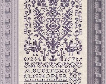 Counted Cross Stitch Pattern, Tail Feathers, Monochromatic, Bird Motifs, Alphabet Sampler, Flowers, Tracy Horner, Ink Circles, PATTERN ONLY
