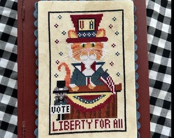 Counted Cross Stitch Pattern, Yankee Doodle Oscar, Patriotic, Pillow Ornament, Bowl Filler, Cat, Finally A Farmgirl, PATTERN ONLY