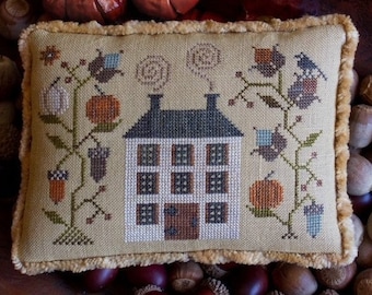 Cross Stitch Pattern, Autumn Cottage, Autumn Decor, Fall Decor, Pumpkin Vines, Black Crow, Plum Street Samplers, PATTERN ONLY