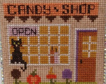 Counted Cross Stitch Pattern, Candy Shop Block, Around the Block Series, Black Cat, Candy Corn, Flowers, KiraLyn's Needlearts, PATTERN ONLY