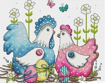Counted Cross Stitch Pattern, Pretty Chickens, Spring Decor, Butterflies, Colored Eggs, Flowers, Les Petites Croix de Lucie, PATTERN ONLY