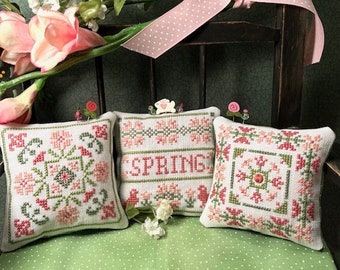Counted Cross Stitch Pattern, Spring on a Square, Spring Decor, Pillow Ornaments, Shabby Cottage, ScissorTail Designs, PATTERN ONLY