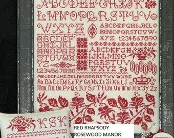 Counted Cross Stitch Pattern, Red Rhapsody, Sampler, Monochromatic Sampler, Alphabet Sampler, Rosewood Manor, PATTERN ONLY
