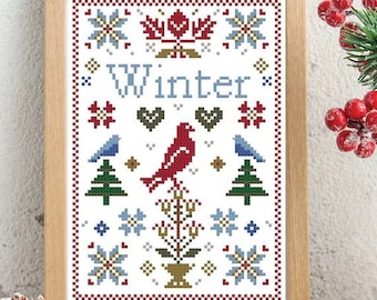 Counted Cross Stitch Pattern, Simple Samplers Winter, Winter Decor, Hearts, Birds, Evergreens, Country Chic, Anabella's, PATTERN ONLY