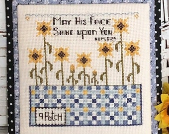 Counted Cross Stitch Pattern, 9 Patch, Quilt Block, Sunflowers, Scriptural, Carolyn Robbins, KiraLyns Needlearts. PATTERN ONLY