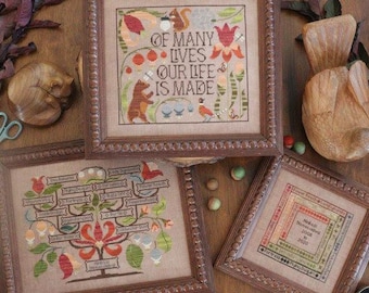 Counted Cross Stitch Pattern, Of Many Lives, Genealogy Sampler, Flower Motifs, Woodland Animals, Personalize, The Blue Flower, PATTERN ONLY