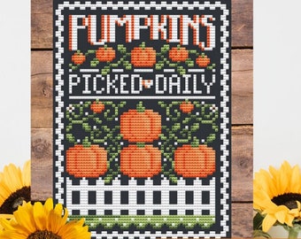 Counted Cross Stitch, Pumpkins Sign, Autumn Decor, Pumpkin Patch, Picket Fence,  Pillow Ornament, Shannon Christine Designs, PATTERN ONLY