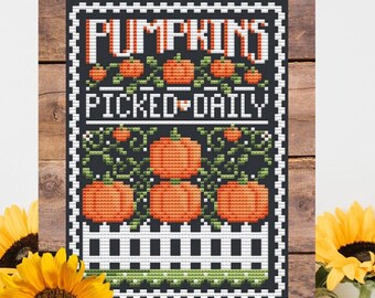 Counted Cross Stitch, Pumpkins Sign, Autumn Decor, Pumpkin Patch, Picket Fence,  Pillow Ornament, Shannon Christine Designs, PATTERN ONLY