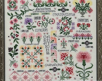 Counted Cross Stitch Pattern, Dreaming of Carnations, Flower Motifs Sampler, Pillow, Bowl Fillers, Karen Kluba, Rosewood Manor, PATTERN ONLY