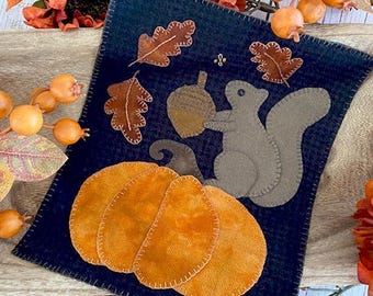 PRE-Order, Wool Applique Pattern, Autumn Squirrel, Fall Decor, Autumn Decor, Wool Mat, Wool Art, Primitive Decor, Teresa Kogut, PATTERN ONLY