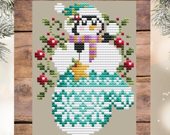 Counted Cross Stitch, Right Penguin Mitten, Christmas Decor, Holly Vines, Pillow Ornament, Star, Shannon Christine Designs, PATTERN ONLY