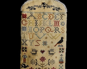 Cross Stitch Pattern, Anna Marie's Pocket, Alphabet Sampler, Primitive Decor, Flower Motifs, Sewing Accessory, Pouch, La-D-Da, PATTERN ONLY