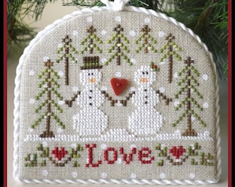 Counted Cross Stitch, Snow Love, Christmas Ornament, Christmas Pillow, Snowmen Ornament, Country Cottage Needleworks, PATTERN ONLY