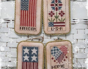 Counted Cross Stitch Pattern, Patriotic Tiny Tags, Pillow Ornaments, Bowl Fillers, Americana Motifs, KiraLyn's Needlearts, PATTERN ONLY