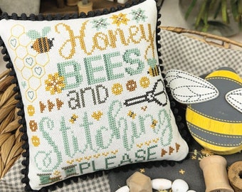 Counted Cross Stitch Pattern, Honey Bees & Stitching Please, Summer Decor, Sewing Motifs, Primrose Cottage Stitches, PATTERN ONLY