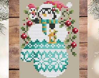 Counted Cross Stitch, Left Penguin Mitten, Christmas Decor, Holly Vines, Pillow Ornament, Snowman, Shannon Christine Designs, PATTERN ONLY