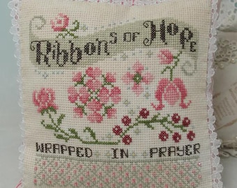 Counted Cross Stitch Pattern, Ribbons of Hope, Pink, Breast Cancer Awareness, Pillow Ornament, Flowers, KiraLyn's Needlearts, PATTERN ONLY