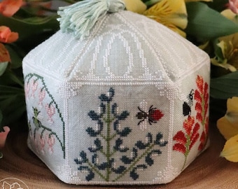 Counted Cross Stitch Pattern, Bees in the Greenhouse, Spring Decor, Pinkeep, Bees, Birds, Flowers, The Blue Flower, PATTERN ONLY