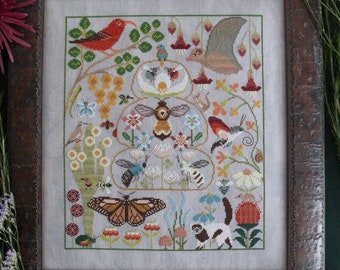 Counted Cross Stitch Pattern, In Praise of Pollinators, Spring Decor, Bees, Birds, Flowers, The Blue Flower, PATTERN ONLY