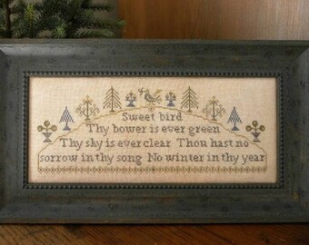 Counted Cross Stitch Pattern, Sweet Bird Sampler, Quaker Motifs, Bird, Evergreen Trees, Nan Lewis, Threadwork Primitives, PATTERN ONLY