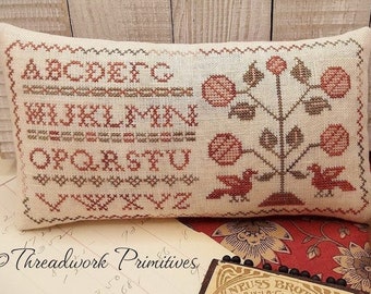 Counted Cross Stitch Pattern, Red Letter Sampler, Alphabet Sampler, Flower Motifs, Primitive, Nan Lewis, Threadwork Primitives, PATTERN ONLY