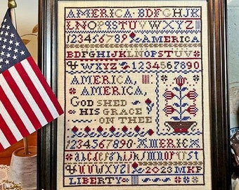 Counted Cross Stitch Pattern, America Sampler, Patriotic, Americana, Alphabet Sampler, Line Sampler, The Calico Confectionery, PATTERN ONLY
