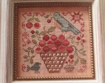 Counted Cross Stitch Pattern, Basket of Cherries, Cherry Basket, Blooms, Bluebirds, Garden Decor, Blackbird Designs, PATTERN ONLY