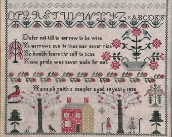 Counted Cross Stitch Pattern, Hannah Smith 1838, Antique Reproduction Sampler, Quirky Motifs, Needlework Press, PATTERN ONLY