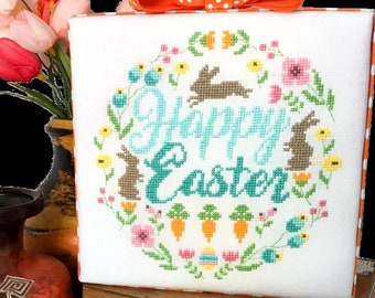 Counted Cross Stitch Pattern, Easter Wreath, Spring Decor, Bunnies, Carrots, Flowers, Easter Egg, Ornament, Tiny Modernist, PATTERN ONLY